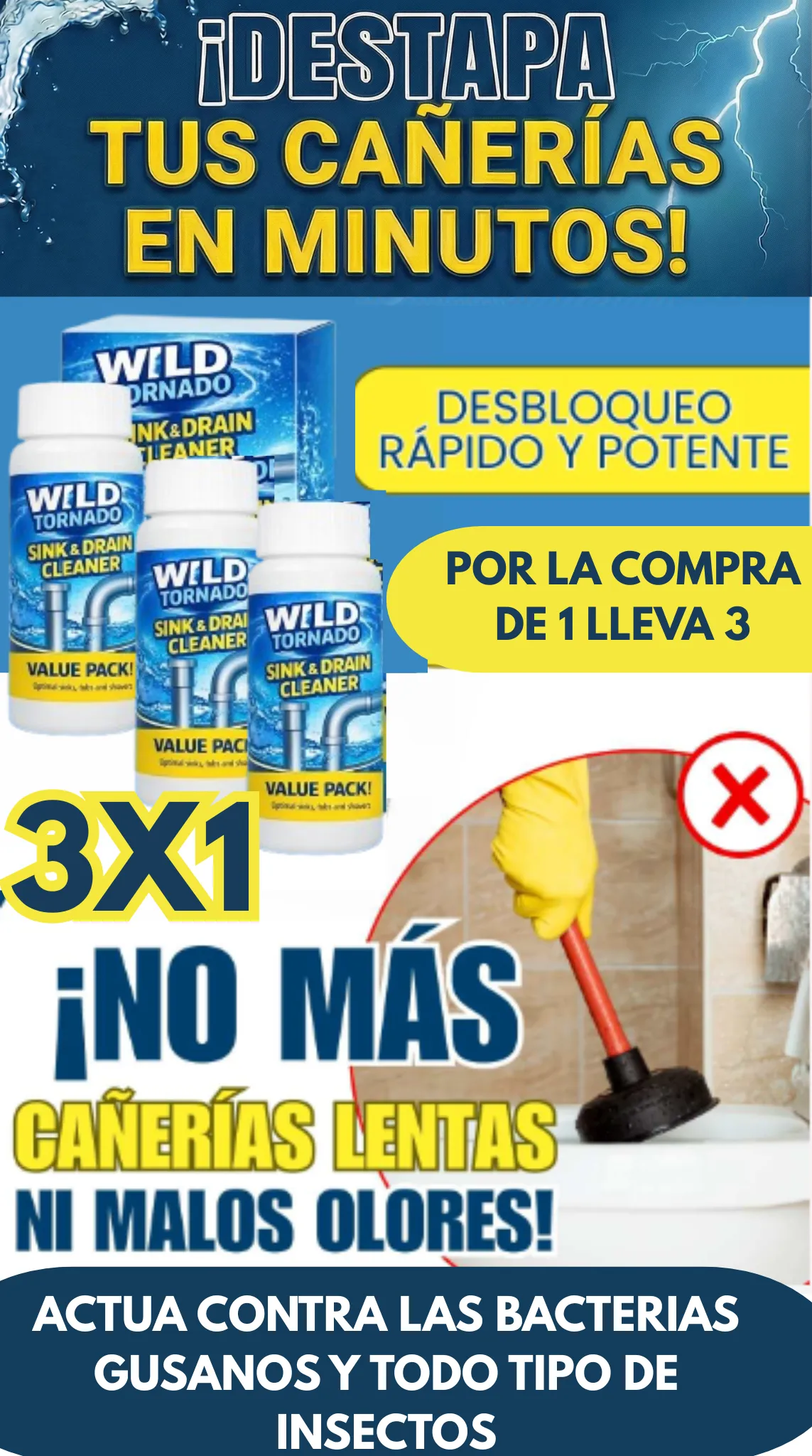 3 frascos de Wild Tornado/ Acción profunda contra atascos, bacterias y malos olores